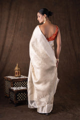 White Pure Katan Silk Brocade Banarasi Handloom Saree