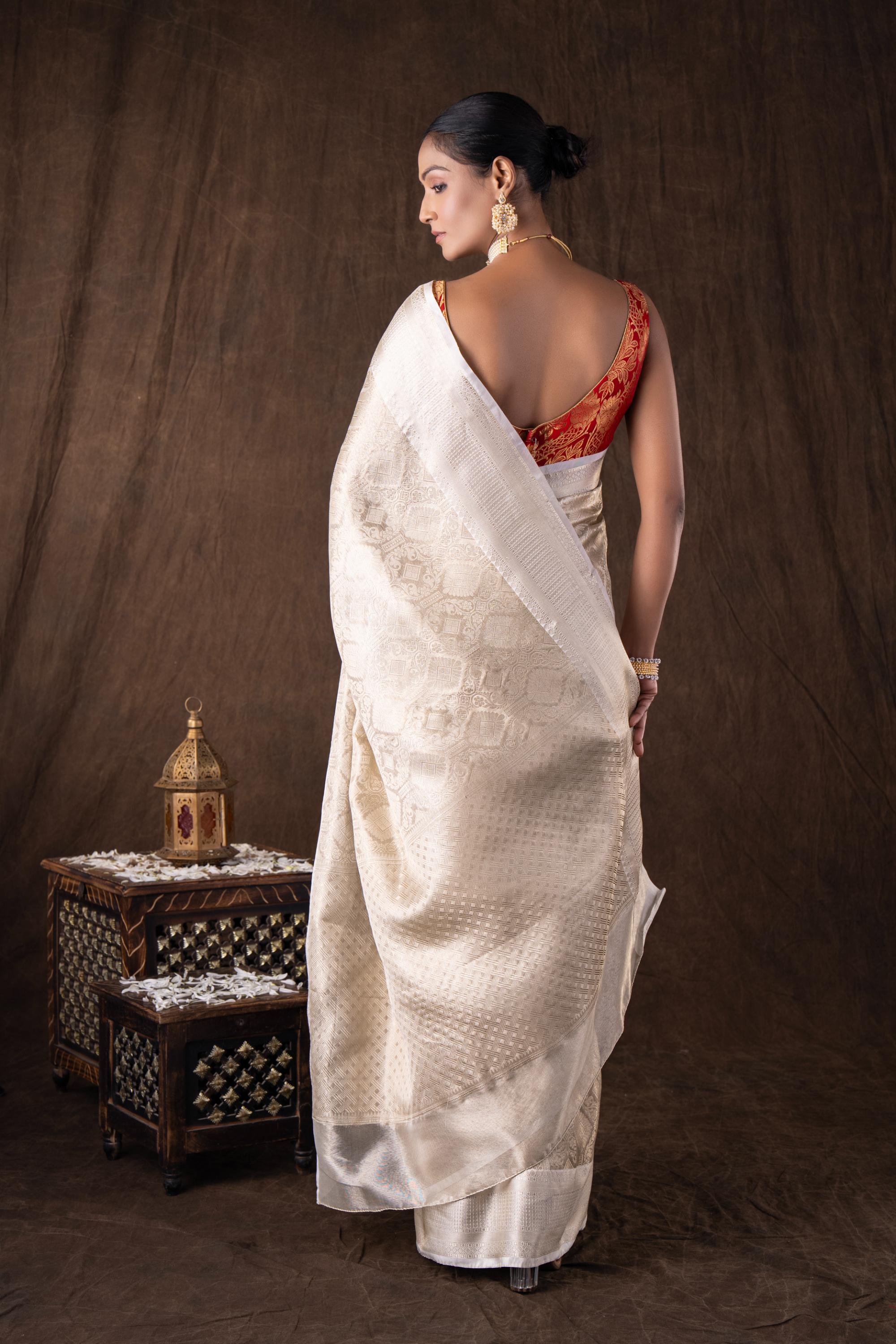 White Pure Katan Silk Brocade Banarasi Handloom Saree