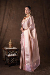Peach Pure katan Silk Brocade banarsi Handloom Saree