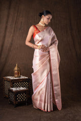 Peach Pure katan Silk Brocade banarsi Handloom Saree