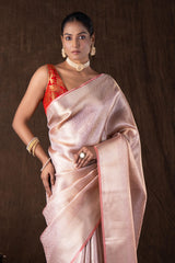 Peach Pure katan Silk Brocade banarsi Handloom Saree