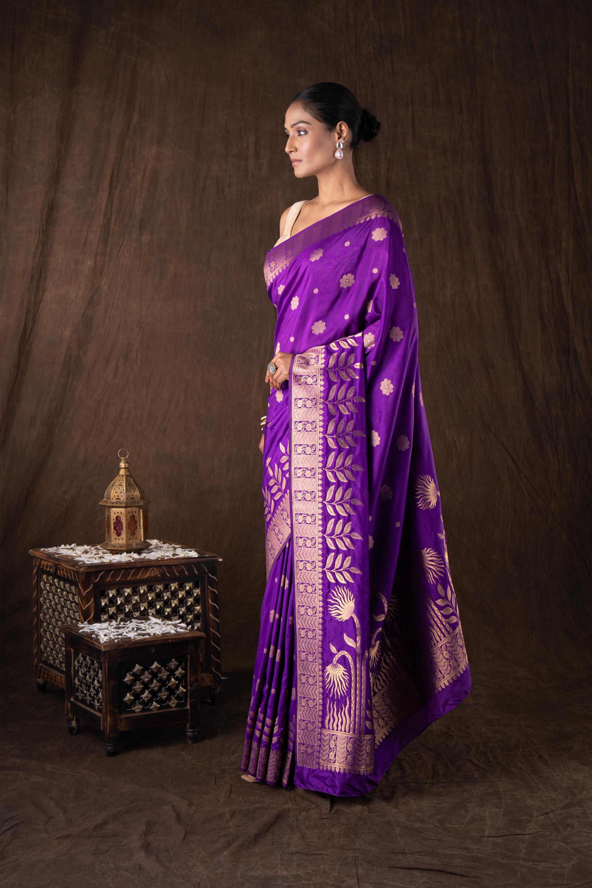 Purple Pure Monga Silk Banarasi Handloom Saree