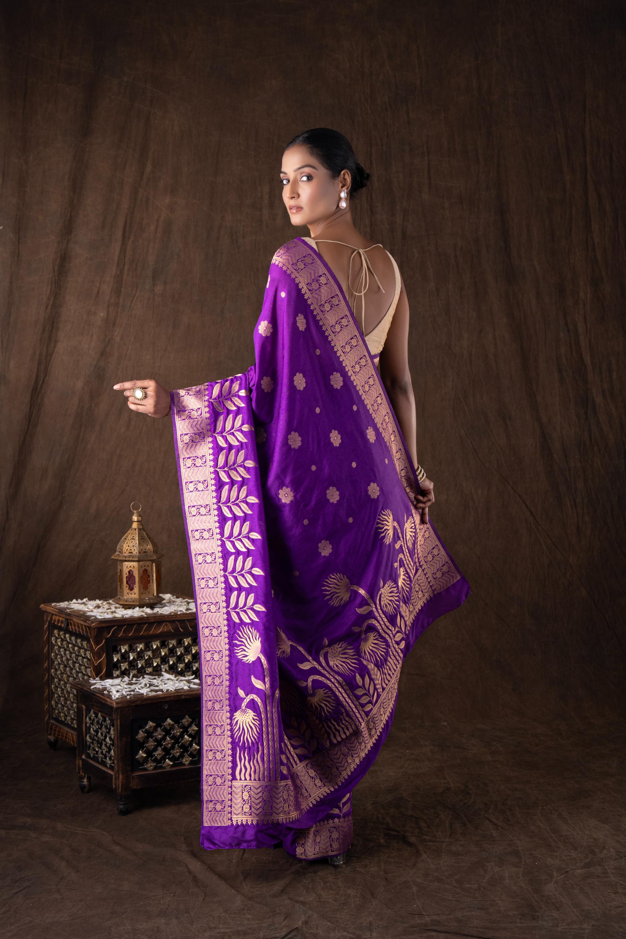 Purple Pure Monga Silk Banarasi Handloom Saree