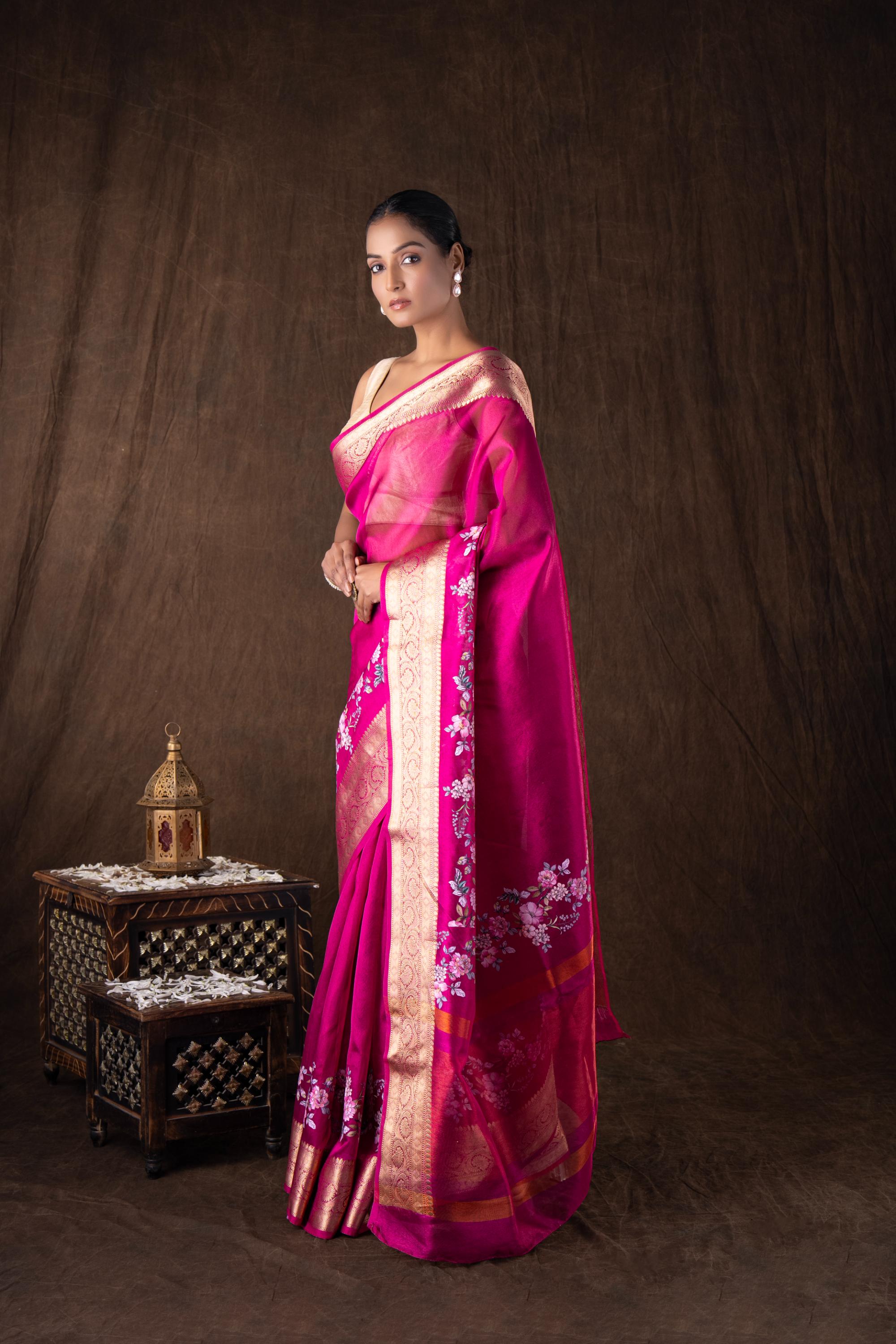 Pink Tissue Silk Digital Print Banarasi Handloom Saree