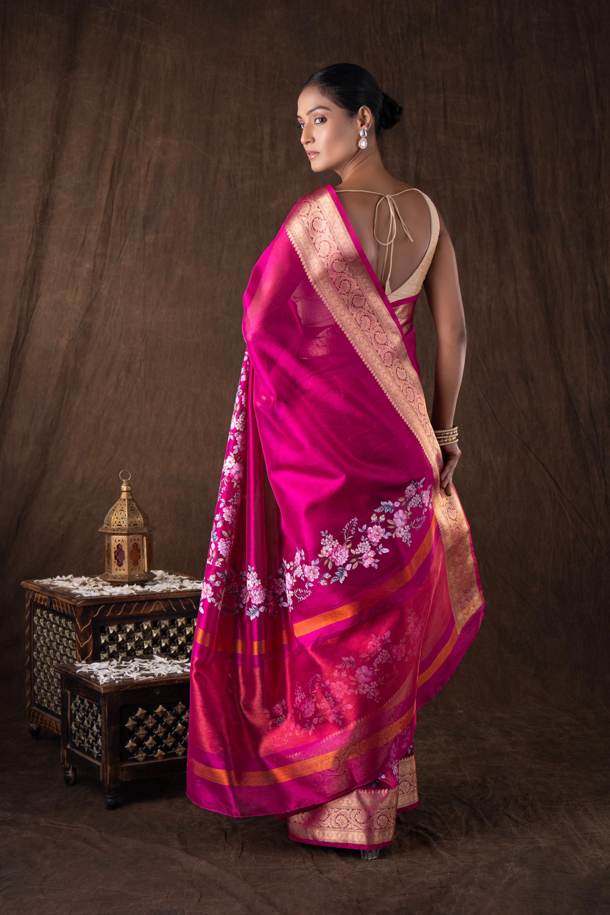 Pink Tissue Silk Digital Print Banarasi Handloom Saree