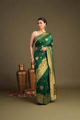 Bottle Green Pure Silk Banarasi Handloom Saree?