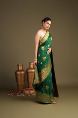 Bottle Green Pure Silk Banarasi Handloom Saree?