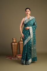 Teal Blue Pure Monga Silk Banarasi Handloom Saree