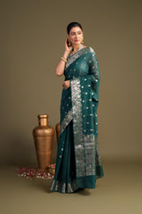 Teal Blue Pure Monga Silk Banarasi Handloom Saree