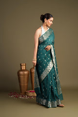 Teal Blue Pure Monga Silk Banarasi Handloom Saree