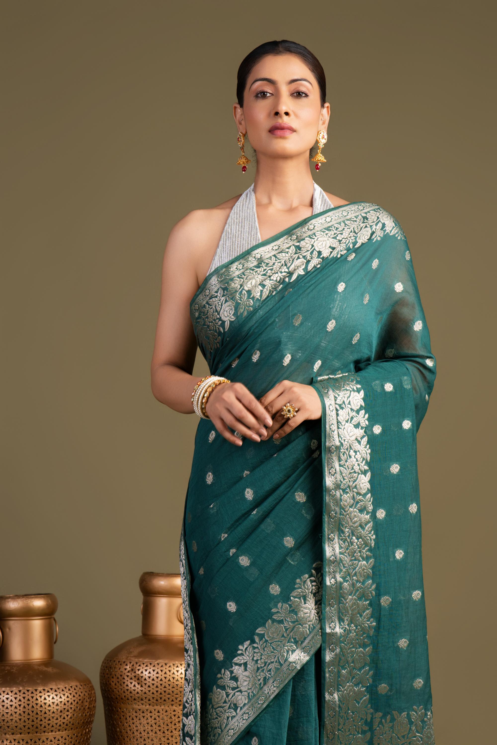 Teal Blue Pure Monga Silk Banarasi Handloom Saree