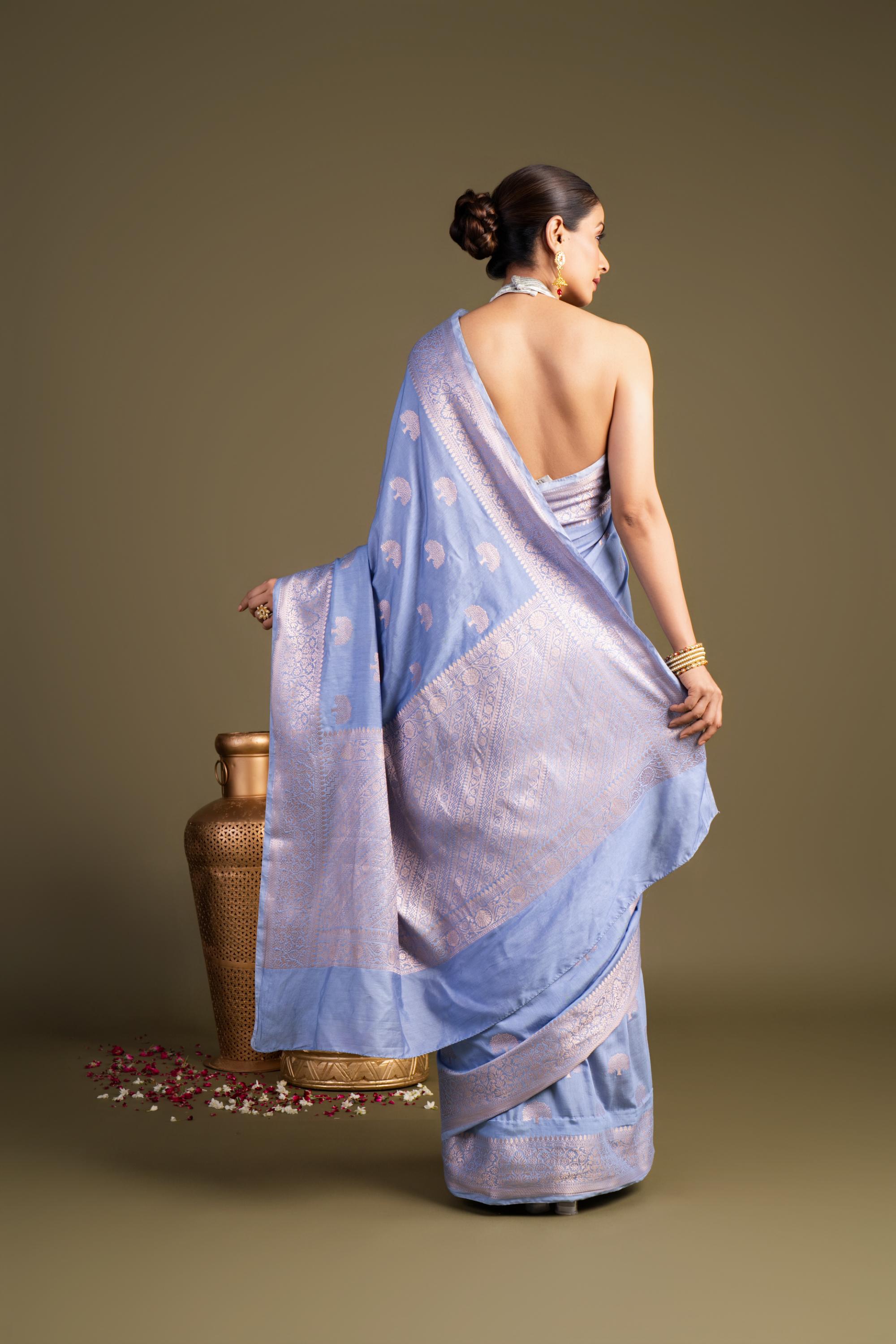 Ice Blue Pure Monga Silk Banarasi Handloom Saree?