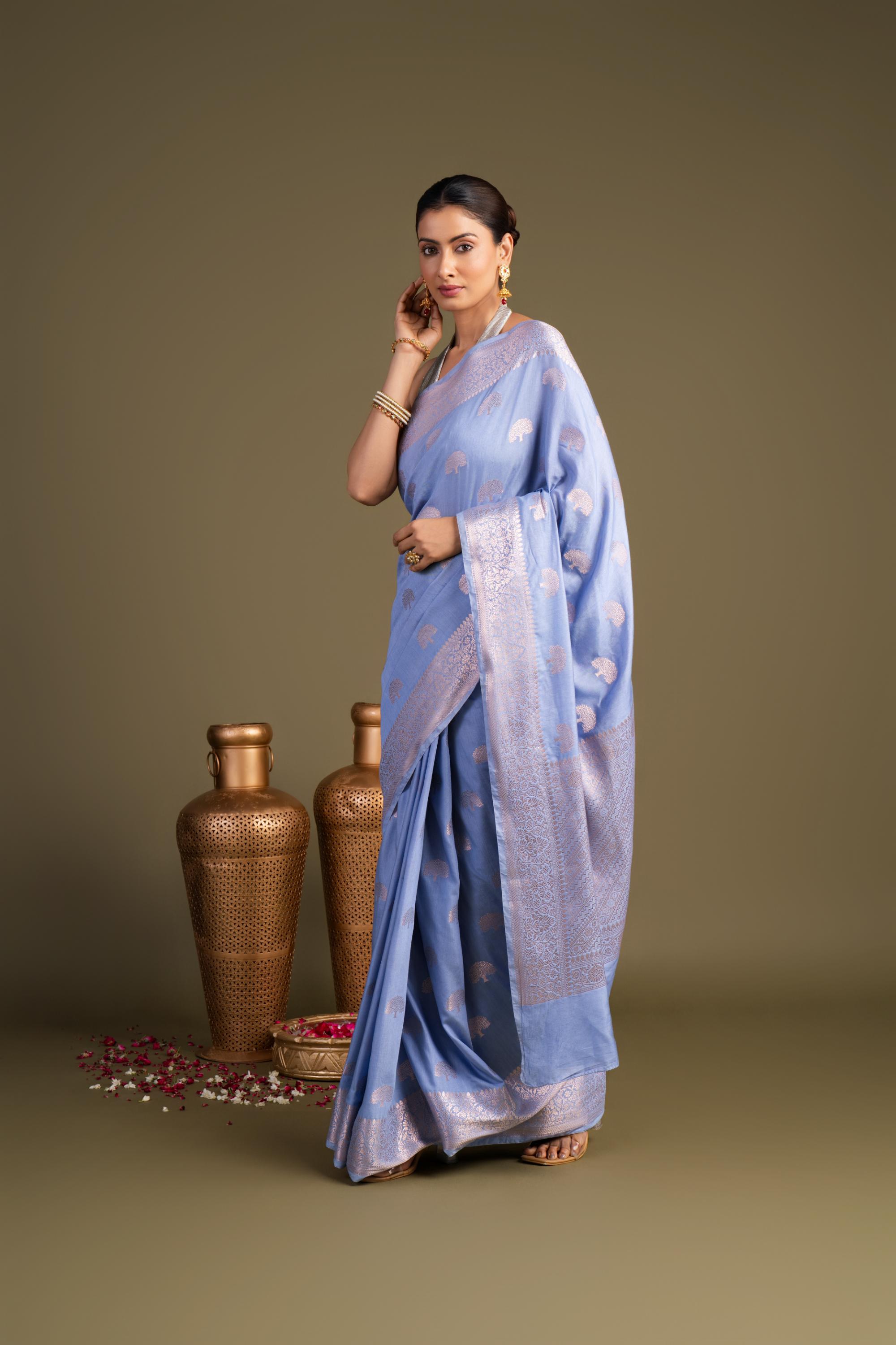 Ice Blue Pure Monga Silk Banarasi Handloom Saree?