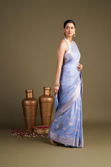 Ice Blue Pure Monga Silk Banarasi Handloom Saree?