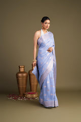 Ice Blue Pure Monga Silk Banarasi Handloom Saree?
