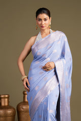 Ice Blue Pure Monga Silk Banarasi Handloom Saree?