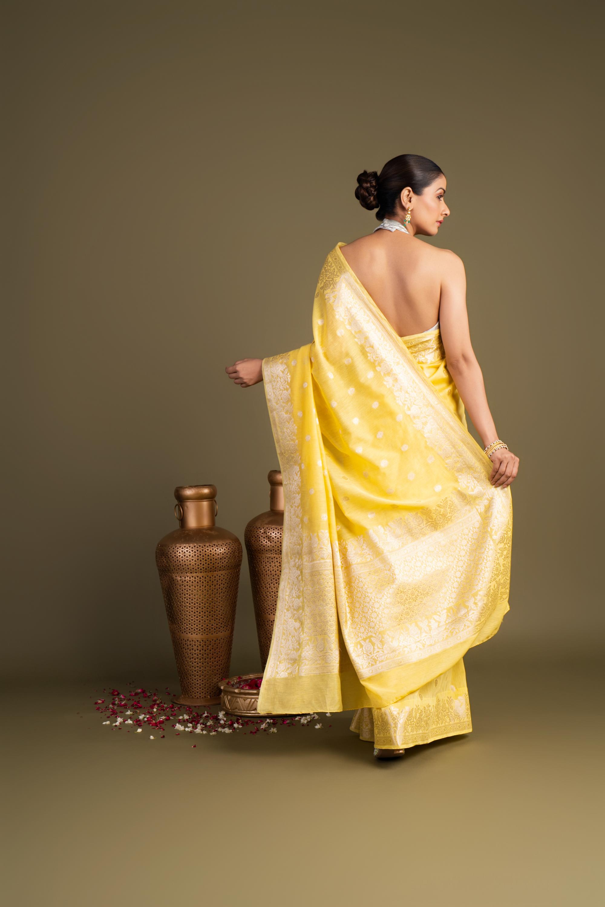 Lemon yellow Pure Monga Silk Banarasi Handloom Saree