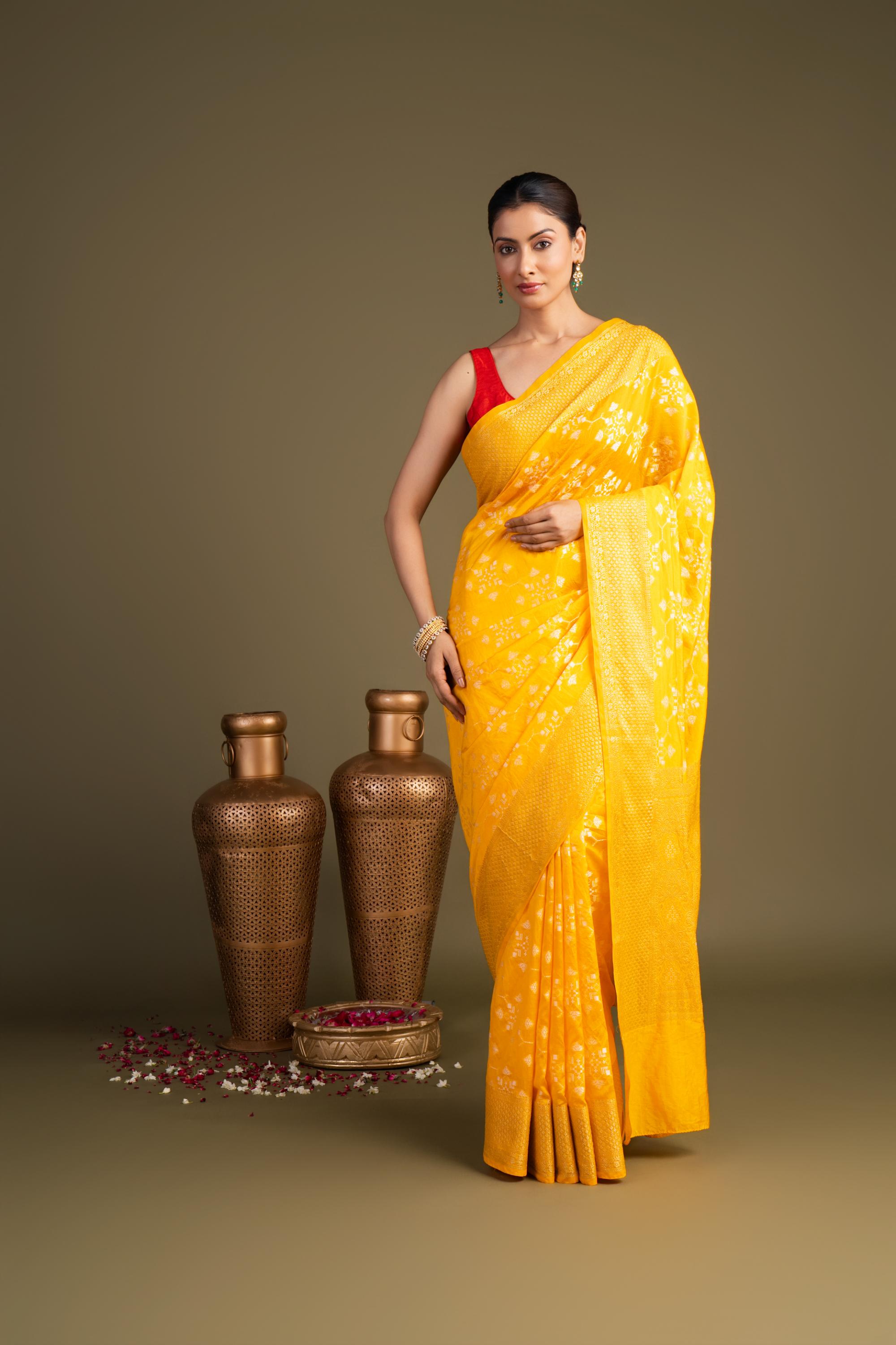 Bright Yellow Pure Silk Banarasi Handloom Saree