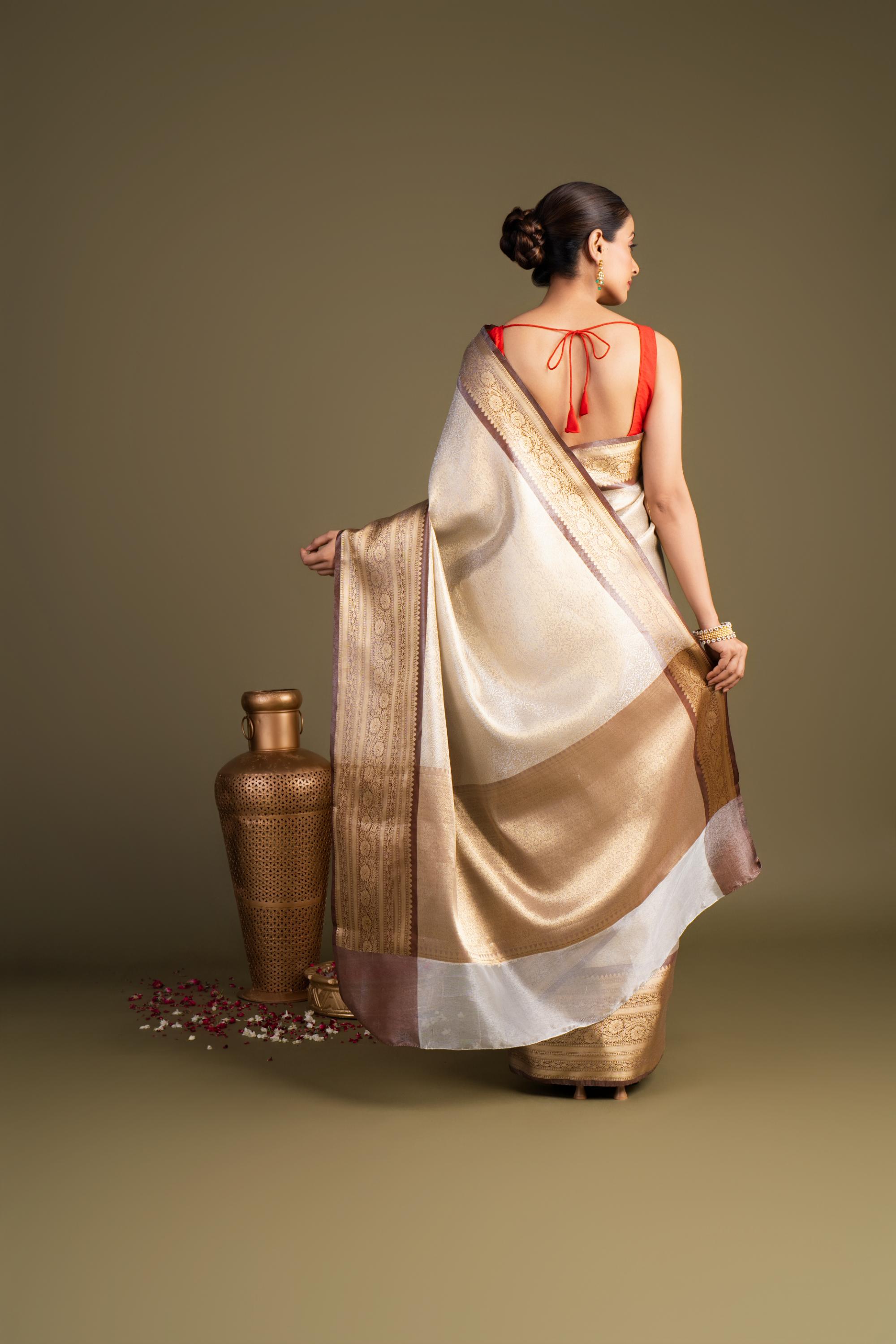 Brown Cream Pure Katan Zari Brocade Banarasi Handloom Saree