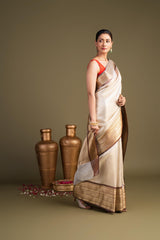 Brown Cream Pure Katan Zari Brocade Banarasi Handloom Saree