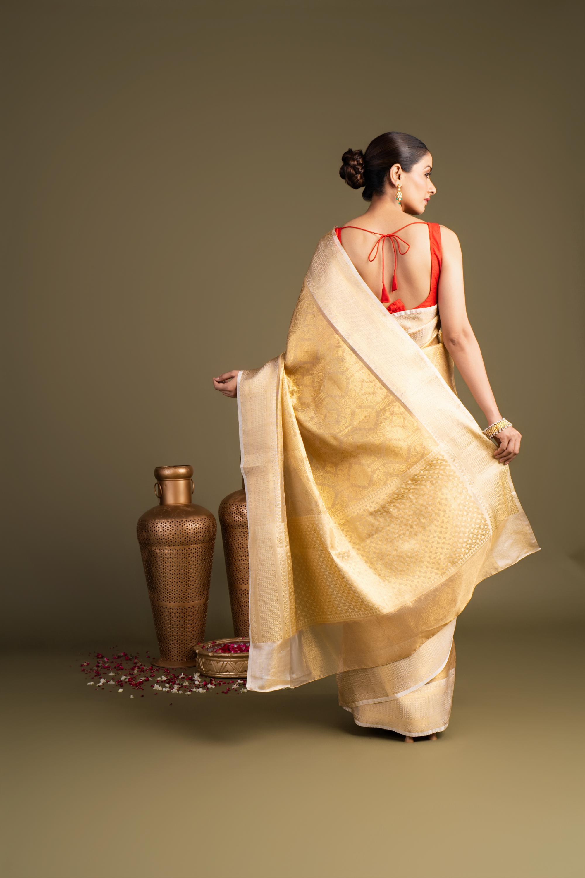 Golden Pure Katan Tissue Silk Banarasi Handloom Saree