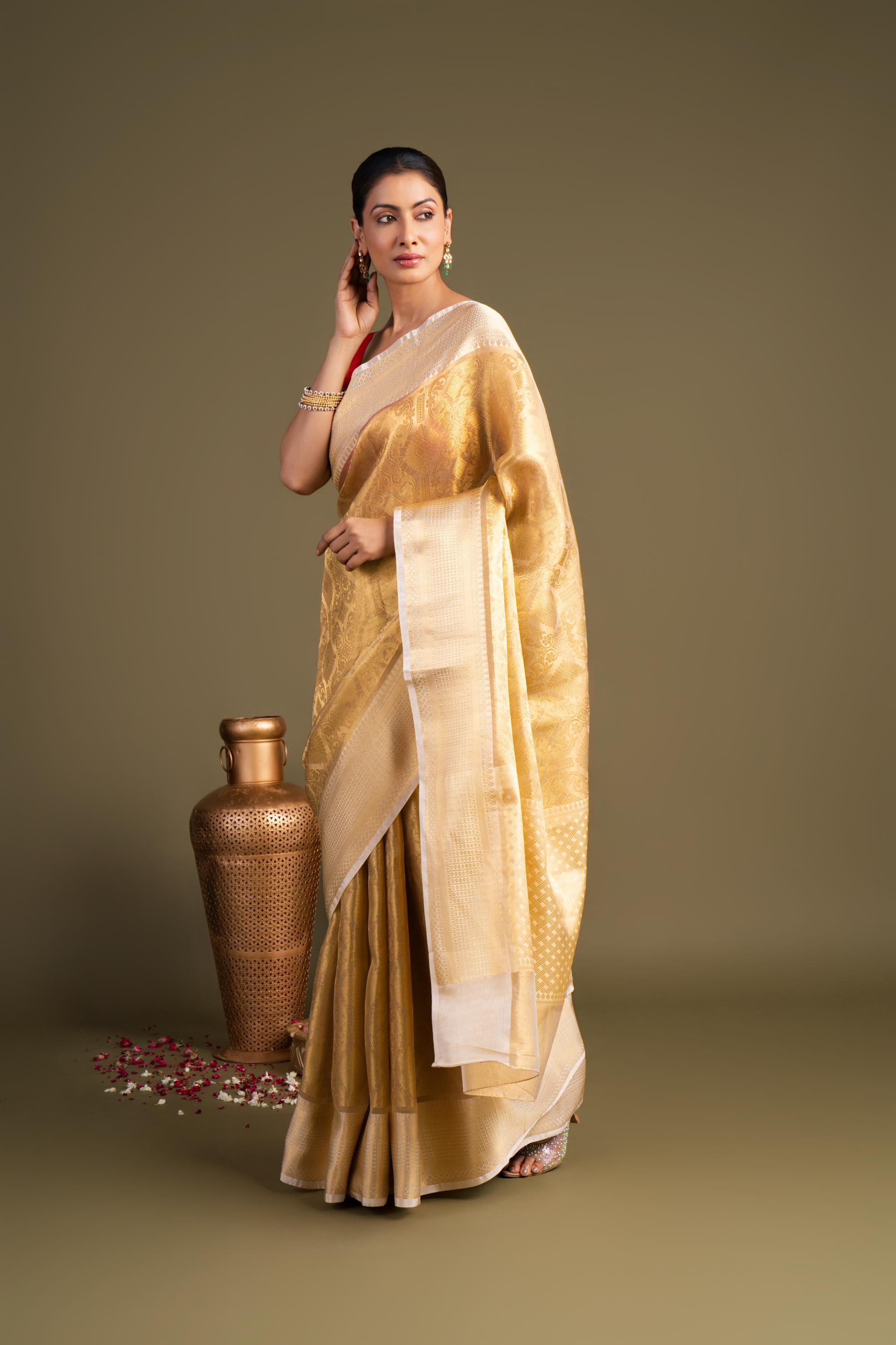 Golden Pure Katan Tissue Silk Banarasi Handloom Saree