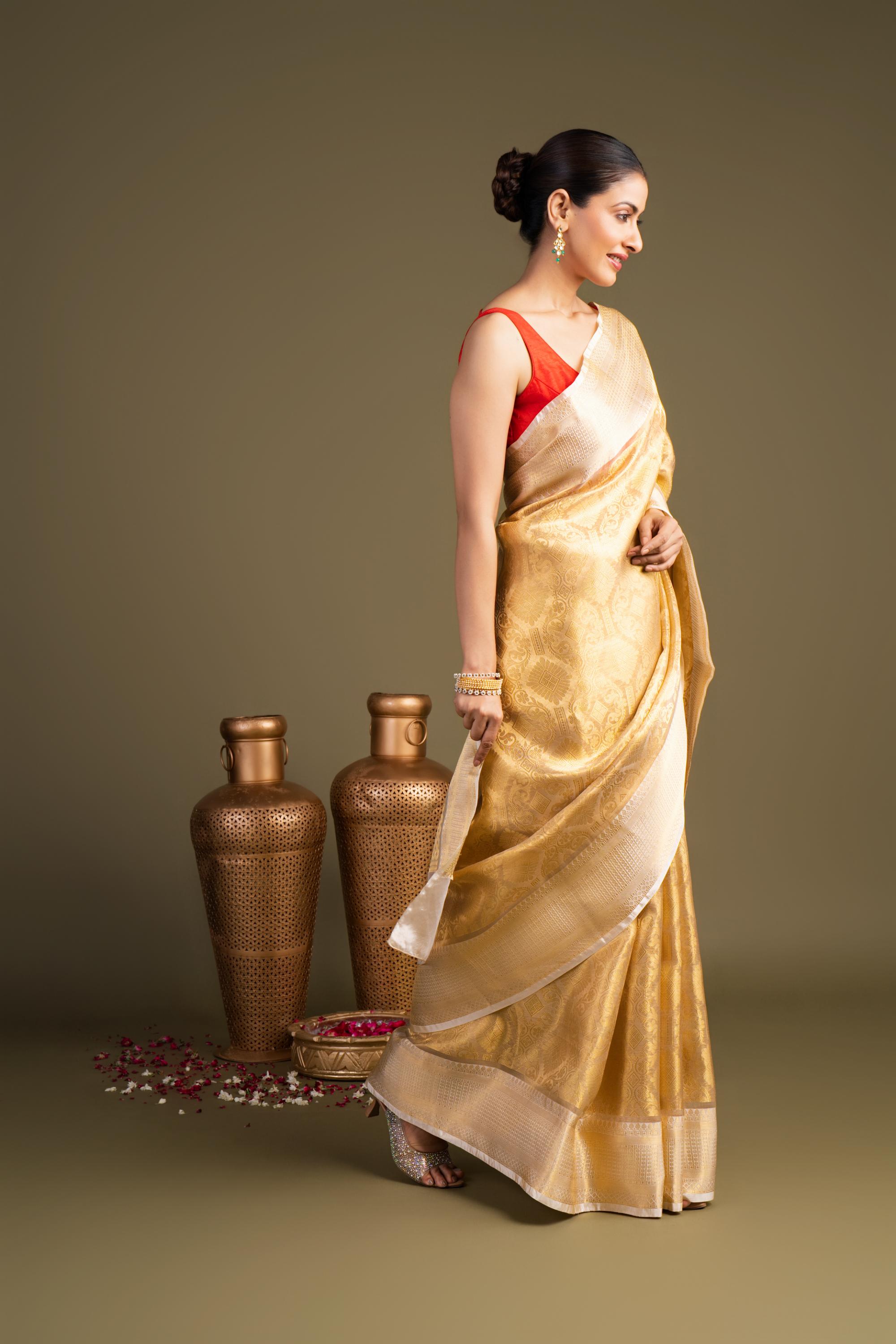 Golden Pure Katan Tissue Silk Banarasi Handloom Saree