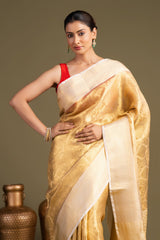 Golden Pure Katan Tissue Silk Banarasi Handloom Saree