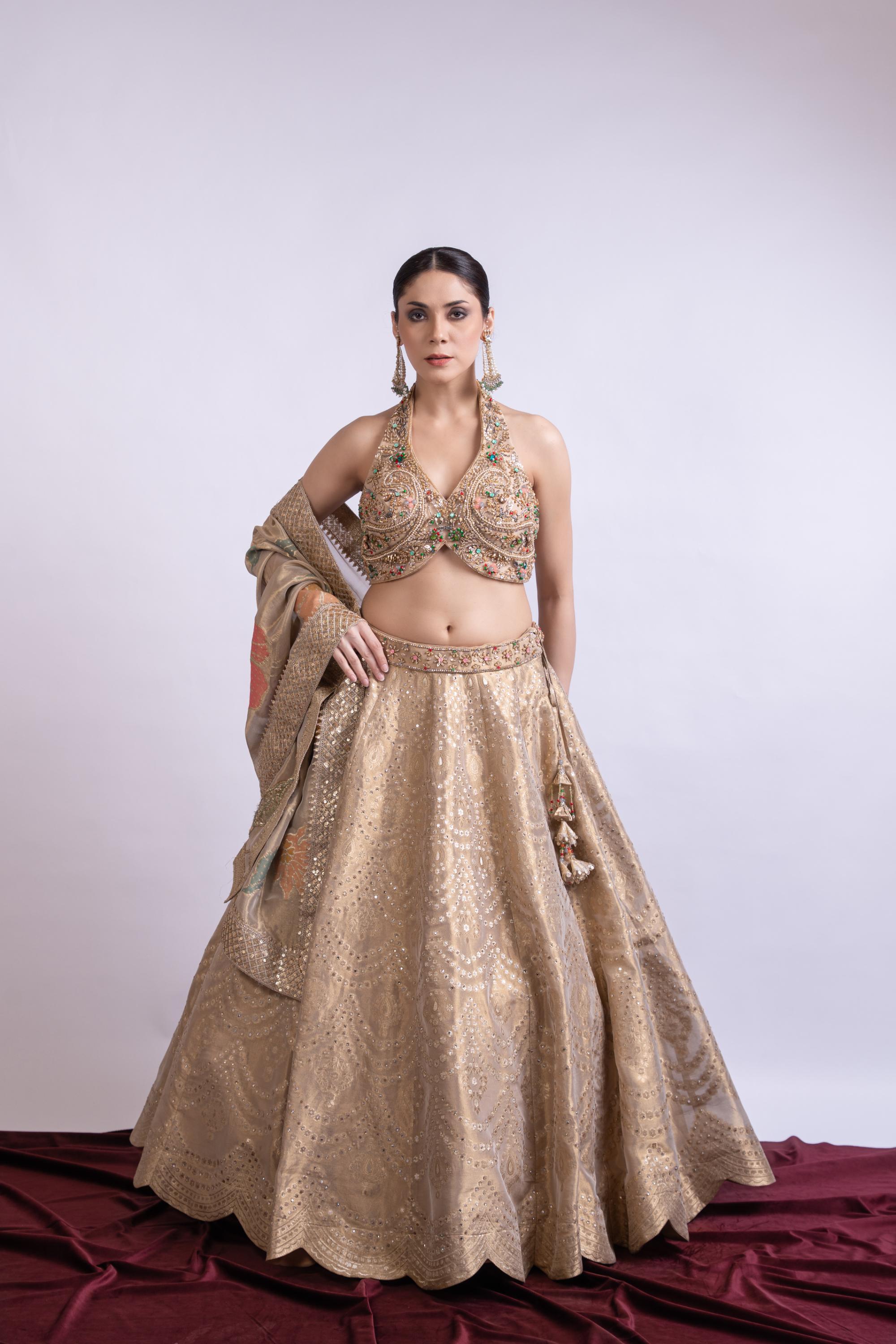 Golden Banarasi Embroidered Lehenga Set with Dupatta