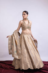Golden Banarasi Embroidered Lehenga Set with Dupatta