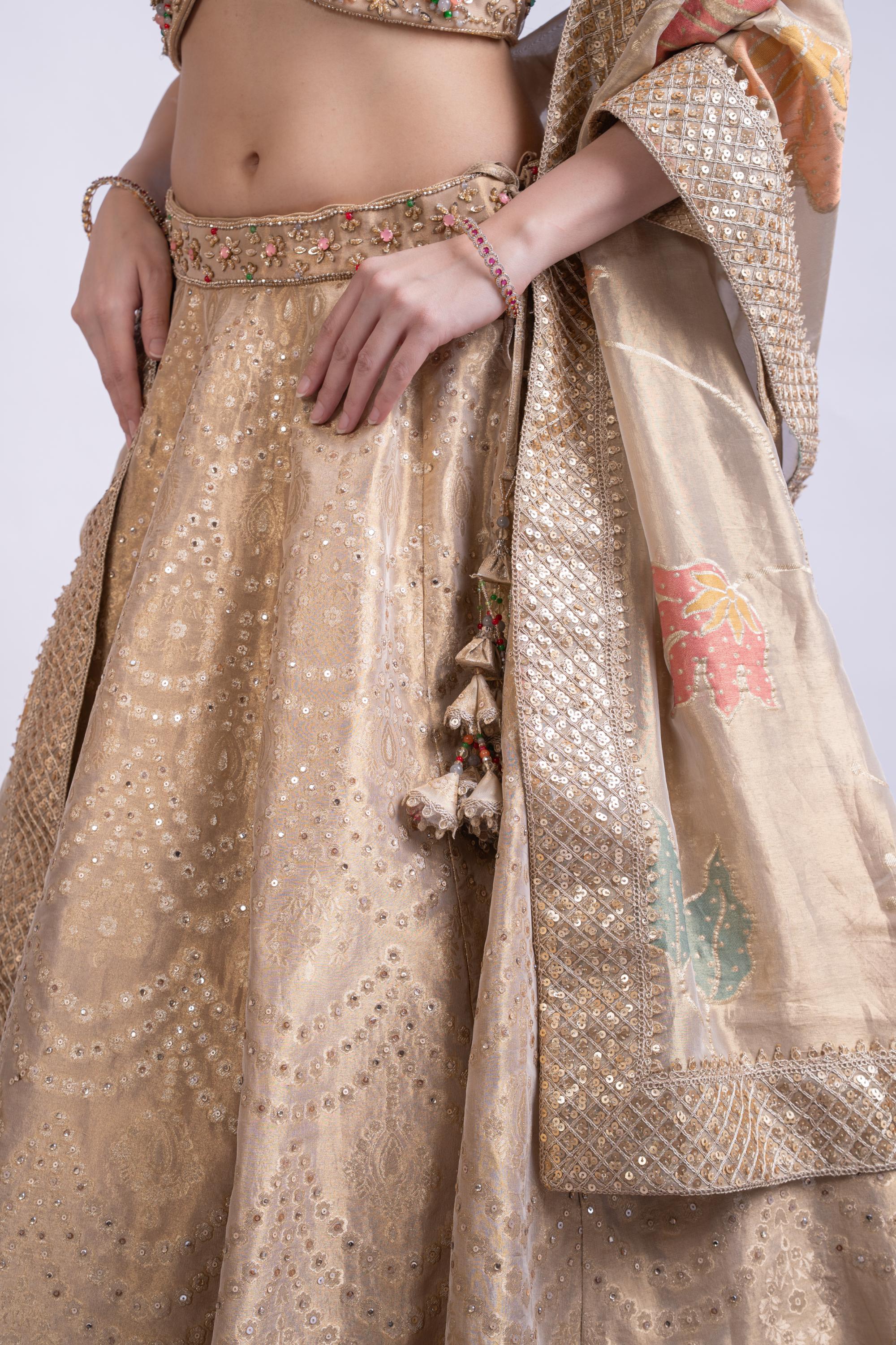 Golden Banarasi Embroidered Lehenga Set with Dupatta
