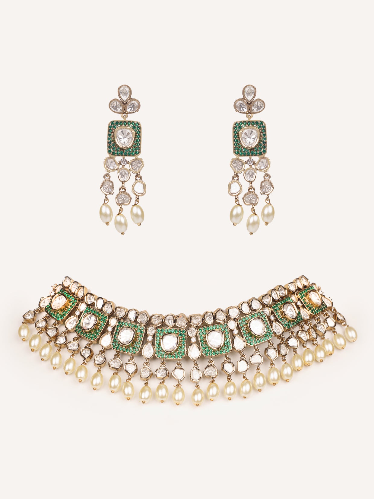 Dramatic and classy two tone kundan polki stone necklace set with matching earrings