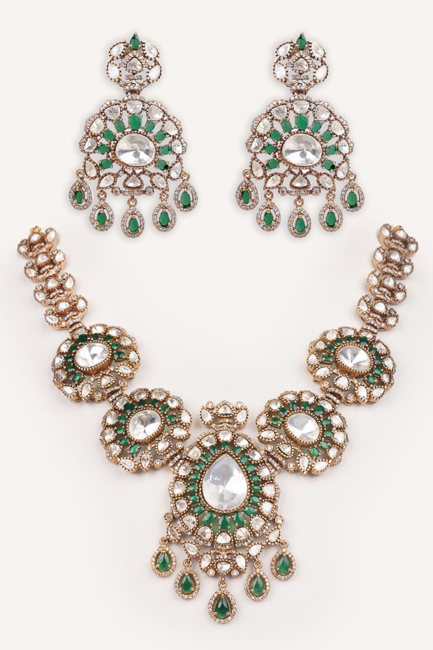 Bold and dramatic polki long necklace set with matching earrings