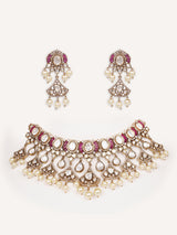 Dramatic and classy two tone kundan polki stone necklace set with matching earrings