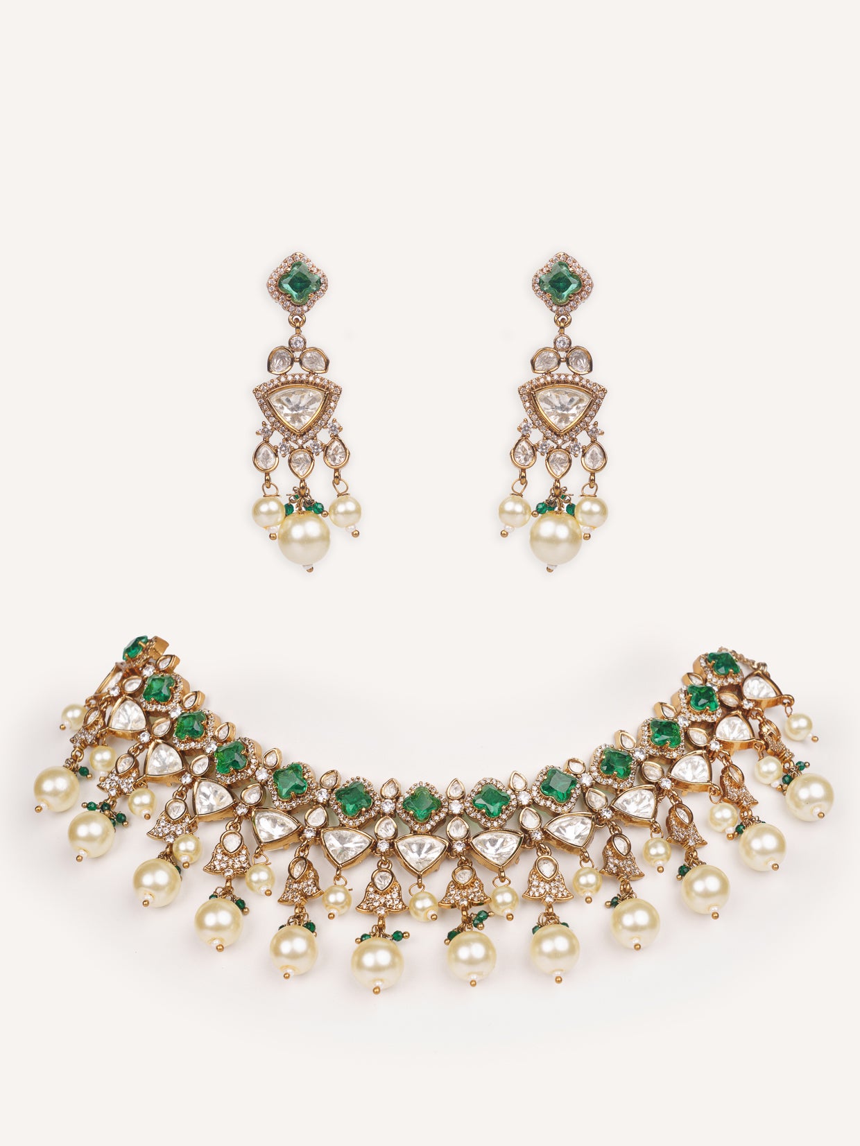 Dramatic and classy two tone kundan polki stone necklace set with matching earrings