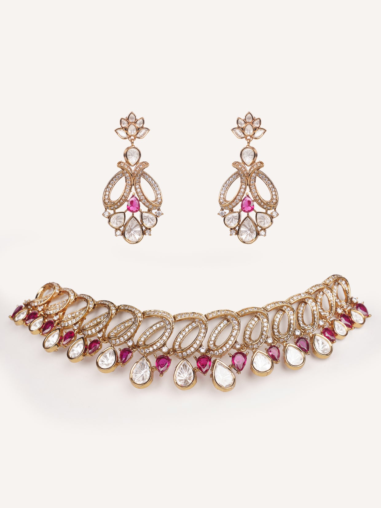 Dramatic and classy two tone kundan polki stone necklace set with matching earrings