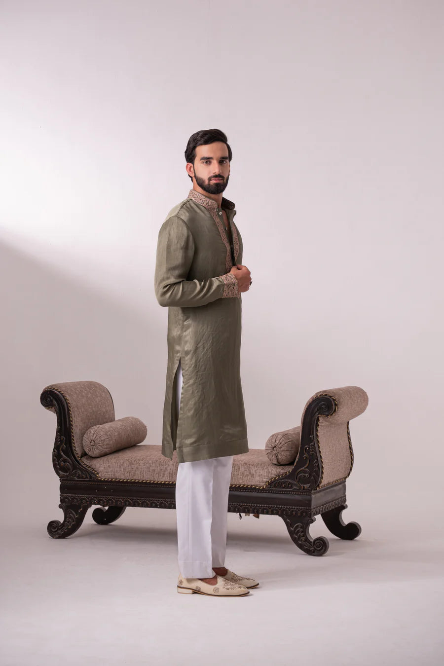 Olive Tissue Satin Silk Kurta with Ari Embroidery
