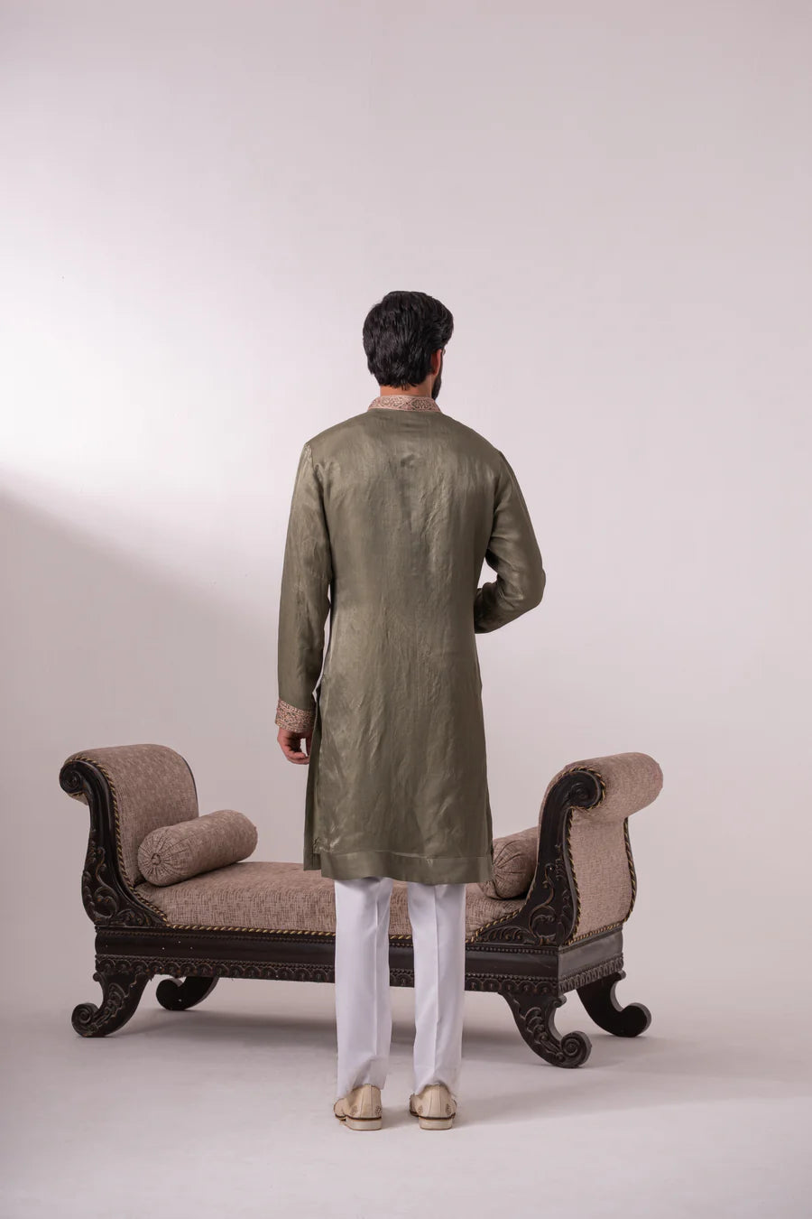 Olive Tissue Satin Silk Kurta with Ari Embroidery