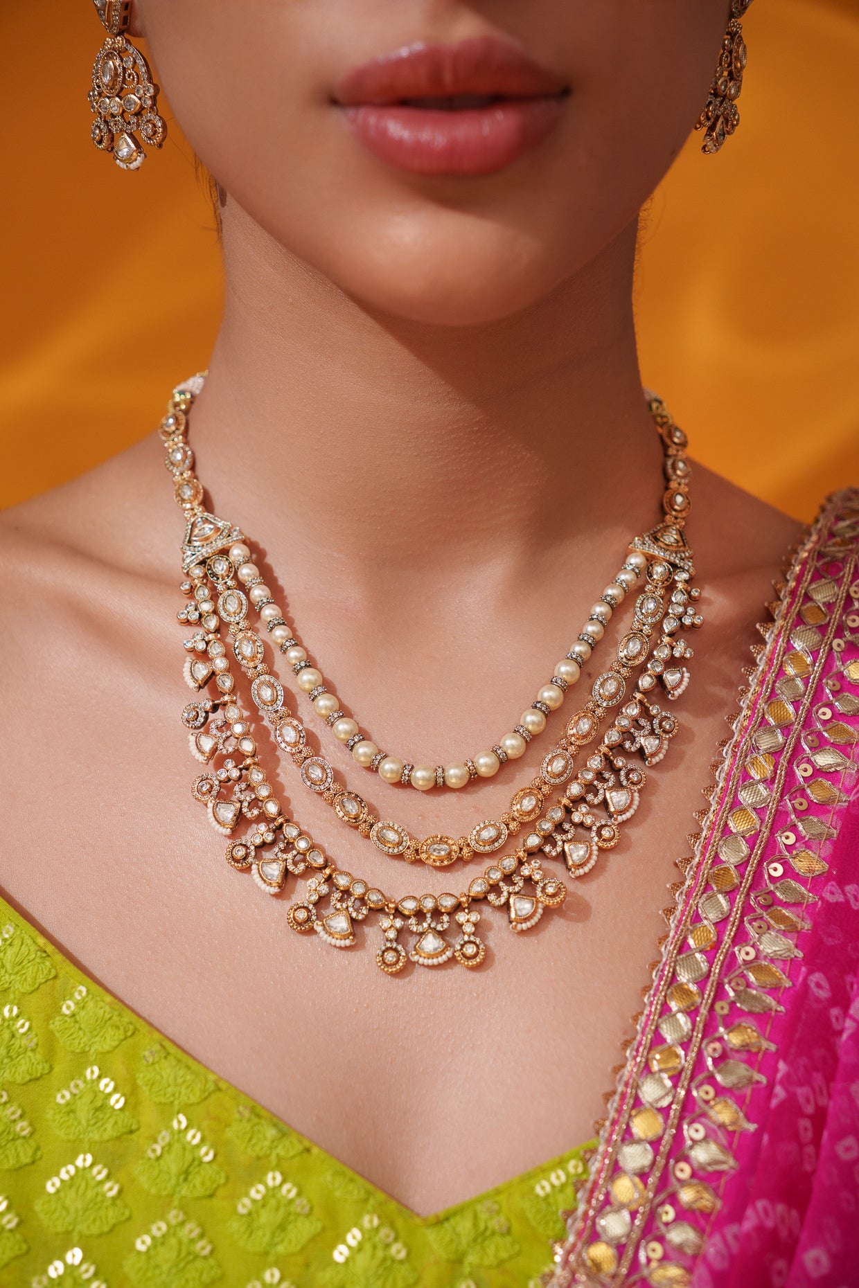 Bold and dramatic 3- line kundan necklace with earrings