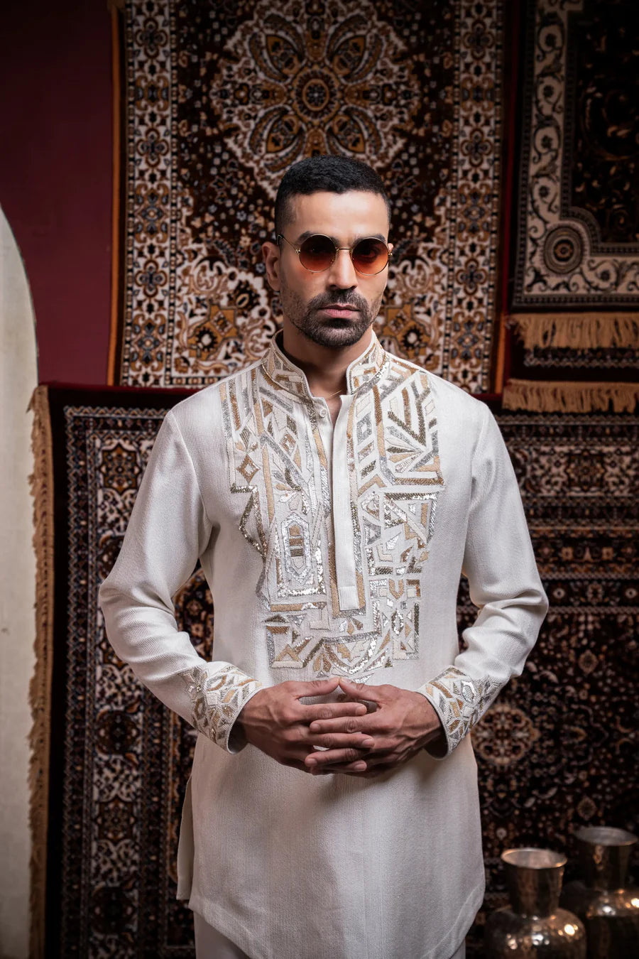 Ivory Regal Embroidered Linen Silk Kurta