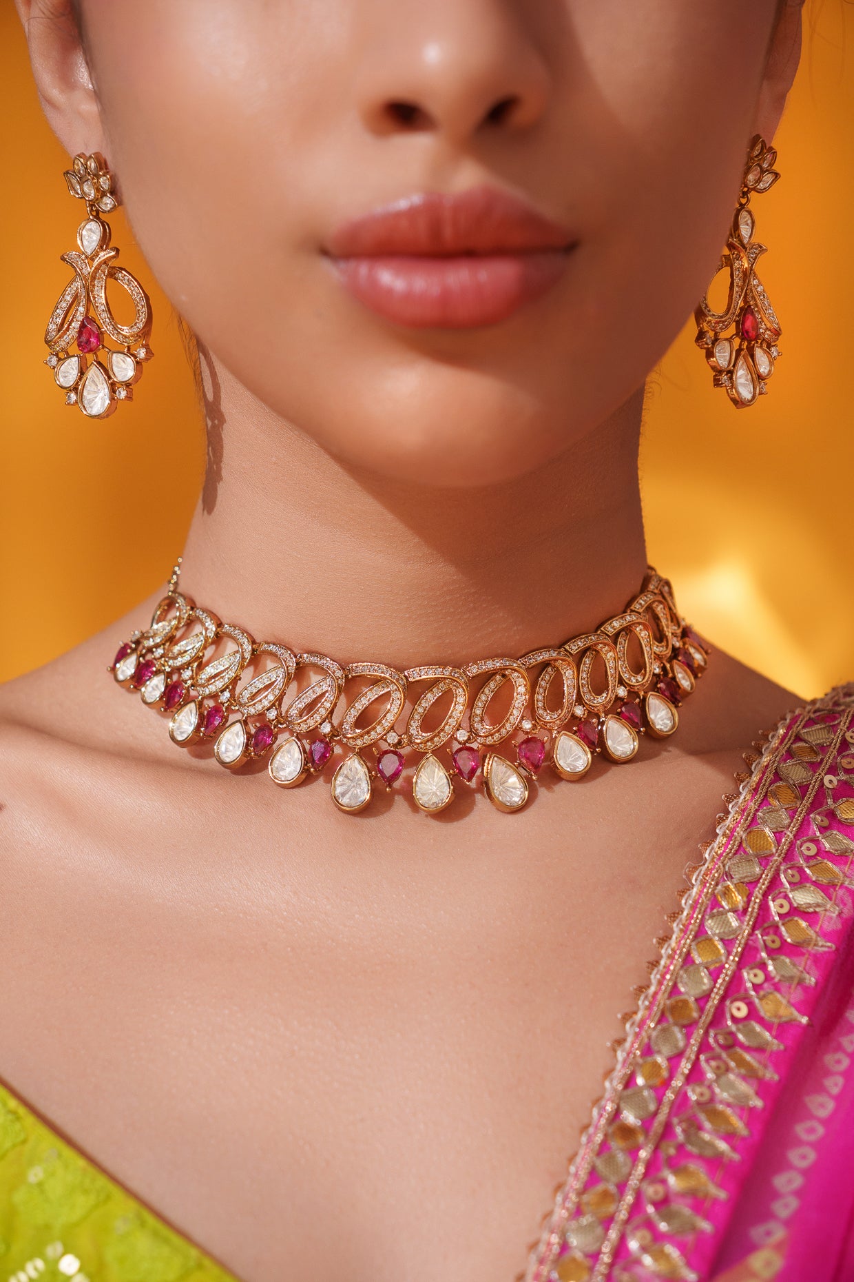 Dramatic and classy two tone kundan polki stone necklace set with matching earrings