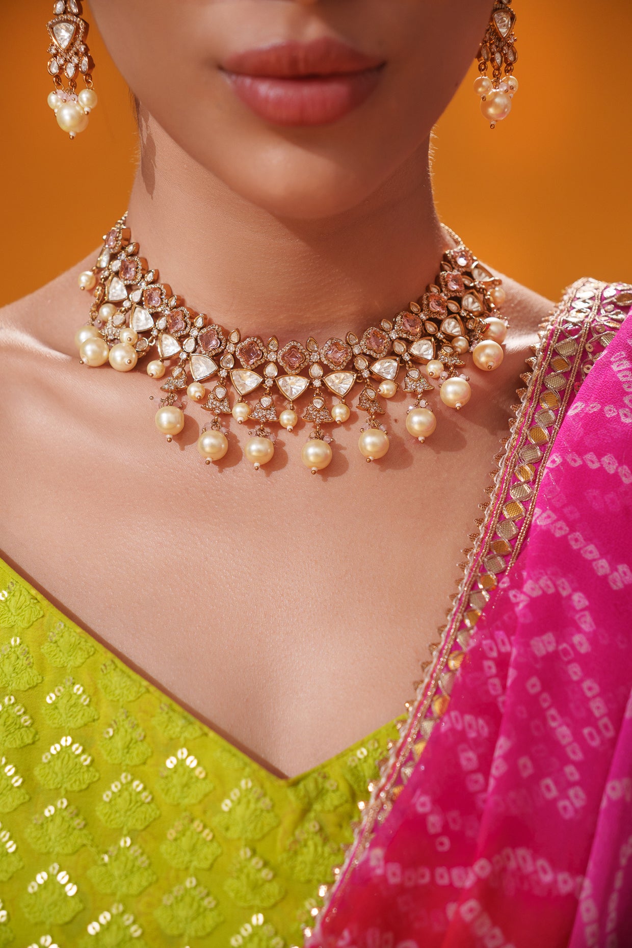 Dramatic and classy two tone kundan polki stone necklace set with matching earrings