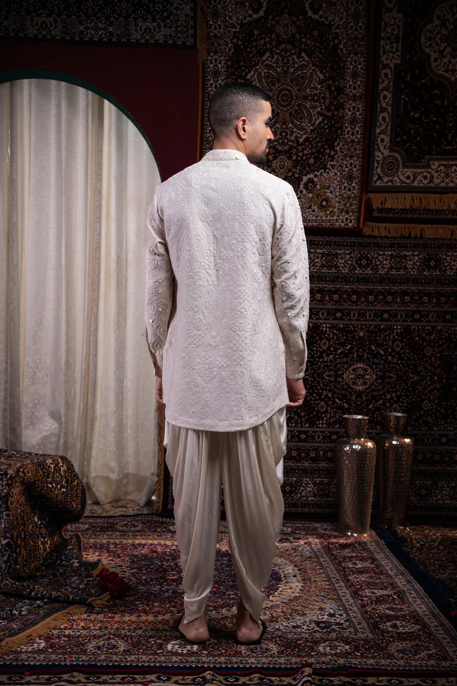 Ivory Pearl Embroidered Linen Silk Kurta