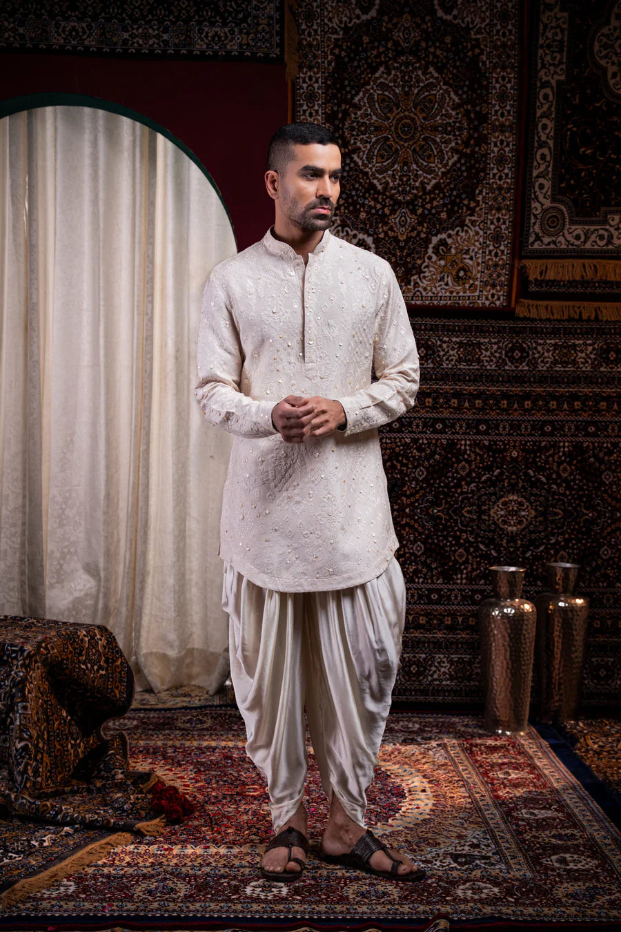Ivory Pearl Embroidered Linen Silk Kurta