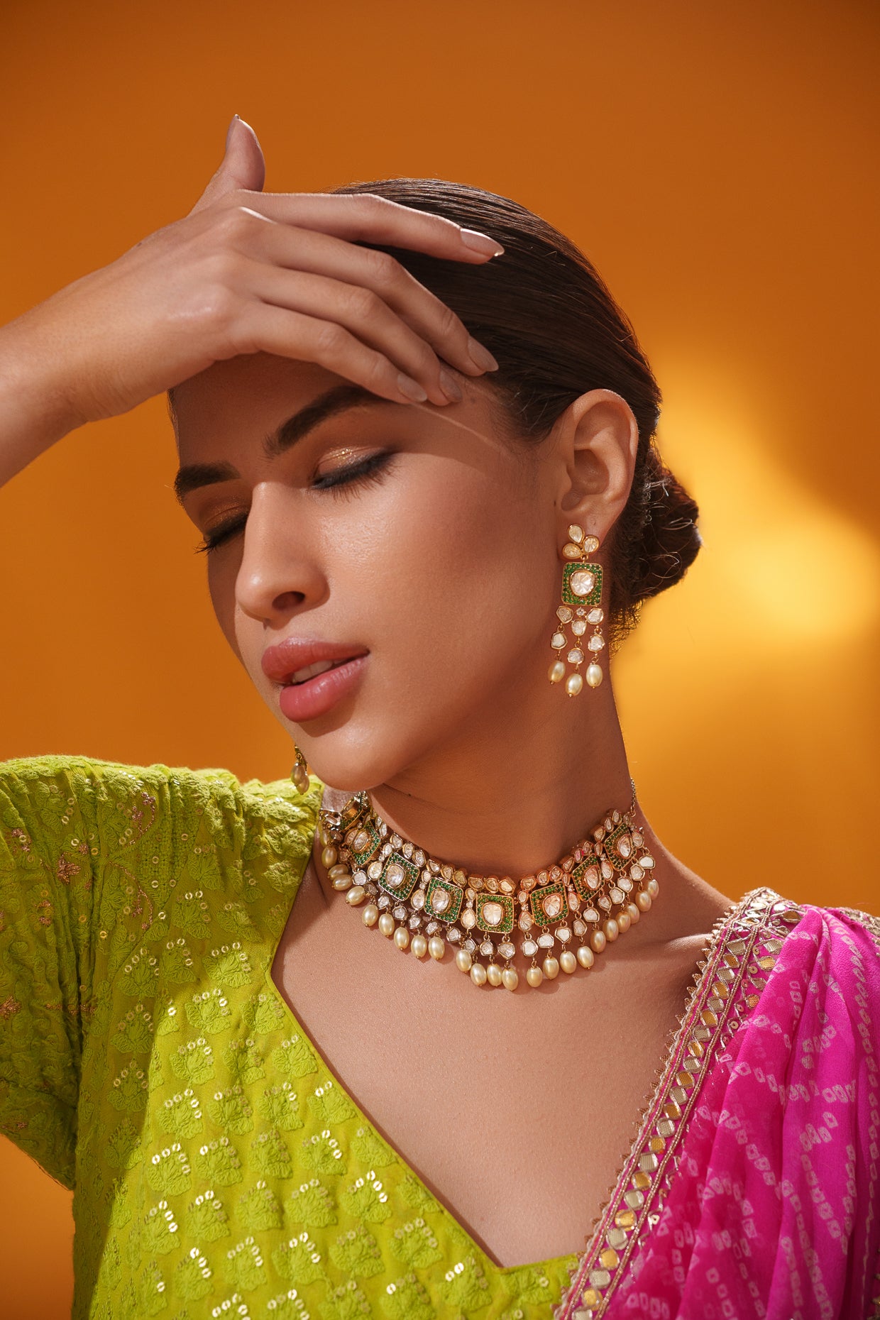 Dramatic and classy two tone kundan polki stone necklace set with matching earrings