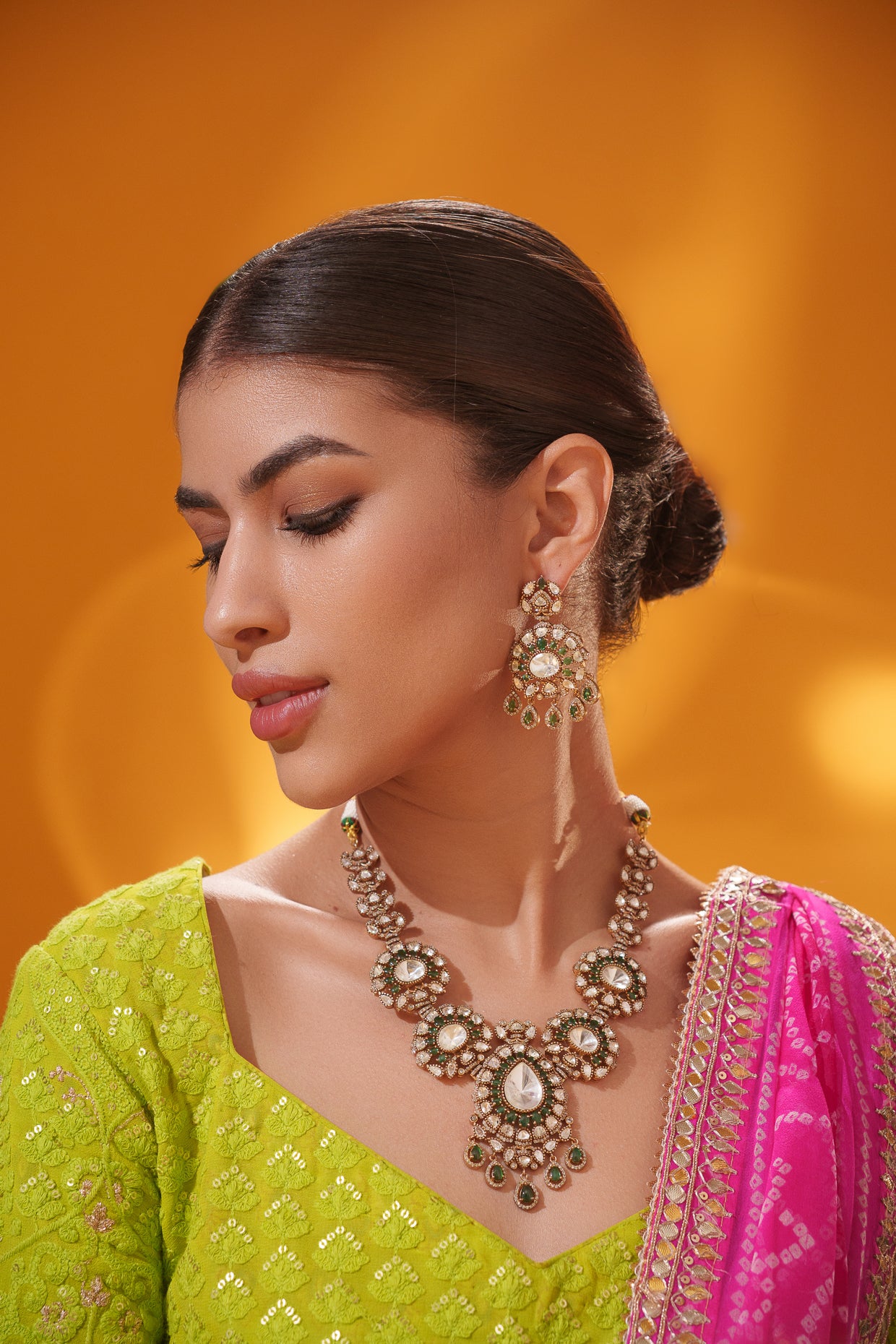 Bold and dramatic polki long necklace set with matching earrings