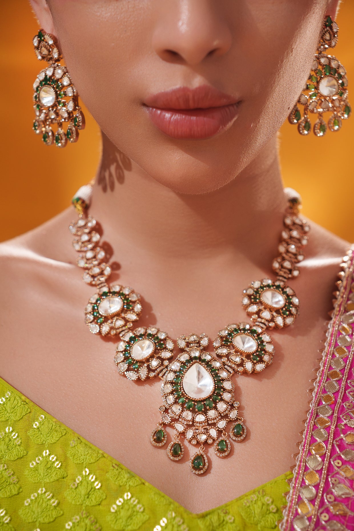 Bold and dramatic polki long necklace set with matching earrings