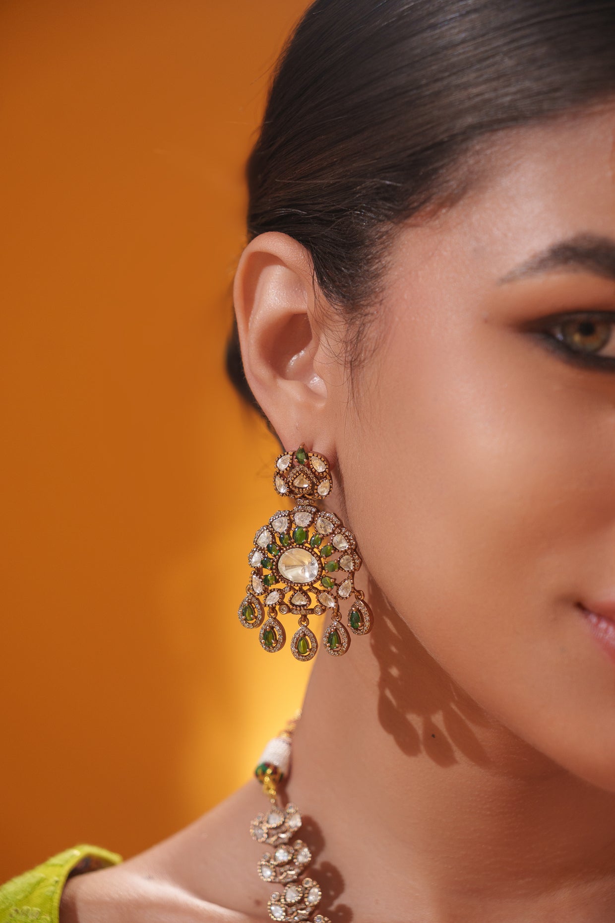 Bold and dramatic polki long necklace set with matching earrings