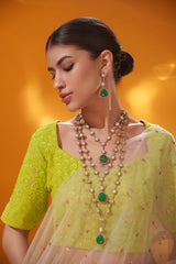 Bold and dramatic two tone kundan long necklace set with matching earrings
