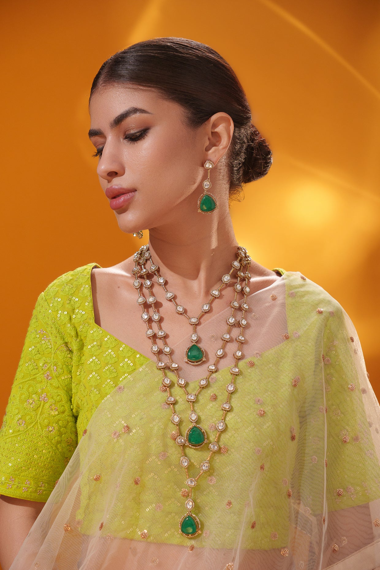 Bold and dramatic two tone kundan long necklace set with matching earrings